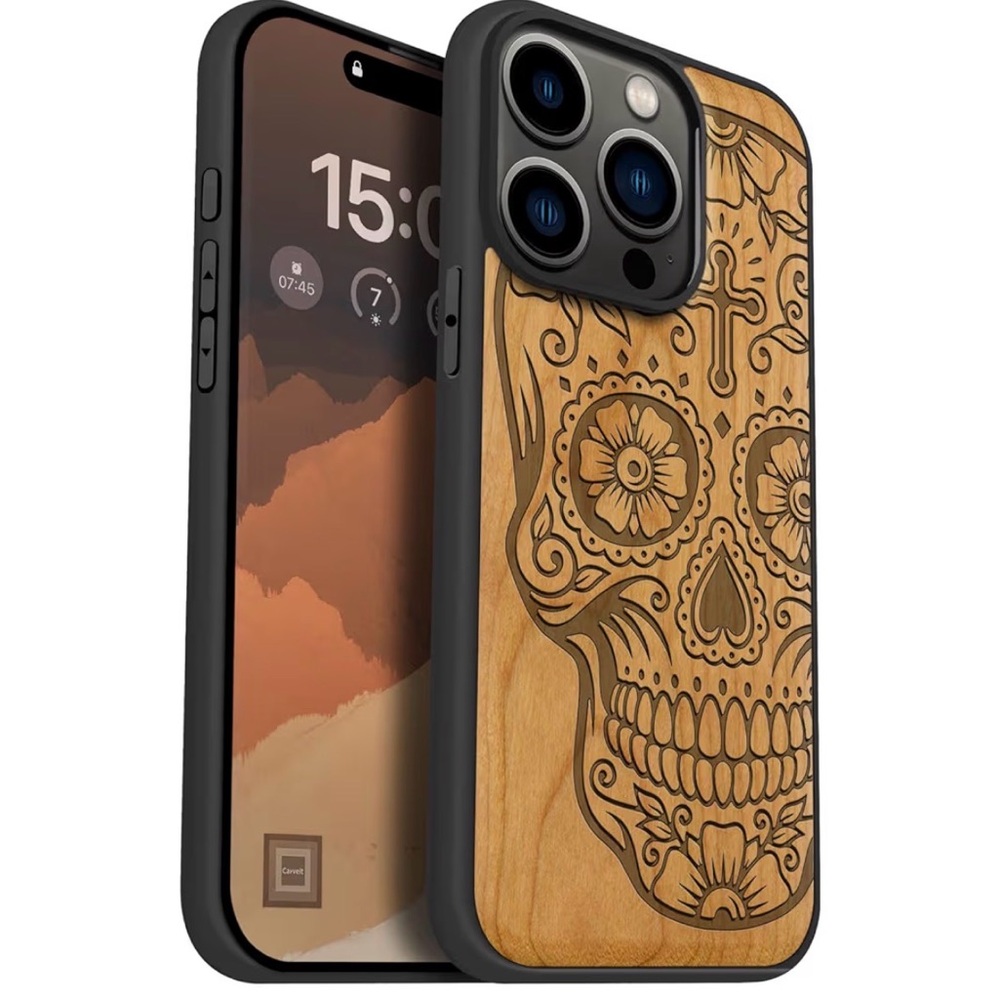 Carveit Wooden Sugar Skull Design Phone Case - Black